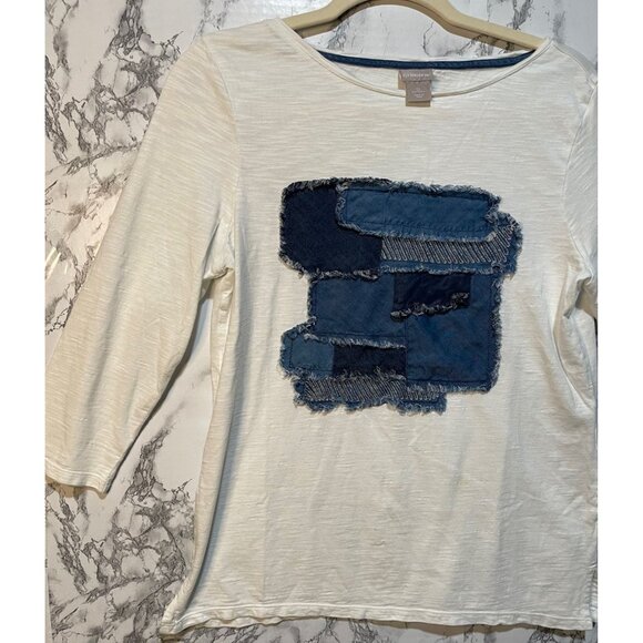 Chico's Women's 3/4th  Long-Sleeve White Top With Frayed Denim Patchwork Design - Picture 2 of 11